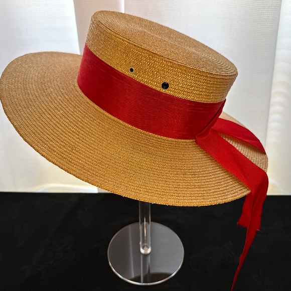VINTAGE 1960s G. Colpo Women's Wide Brim Straw Hat w/ Red Ribbon Band - Italy - Picture 3 of 8